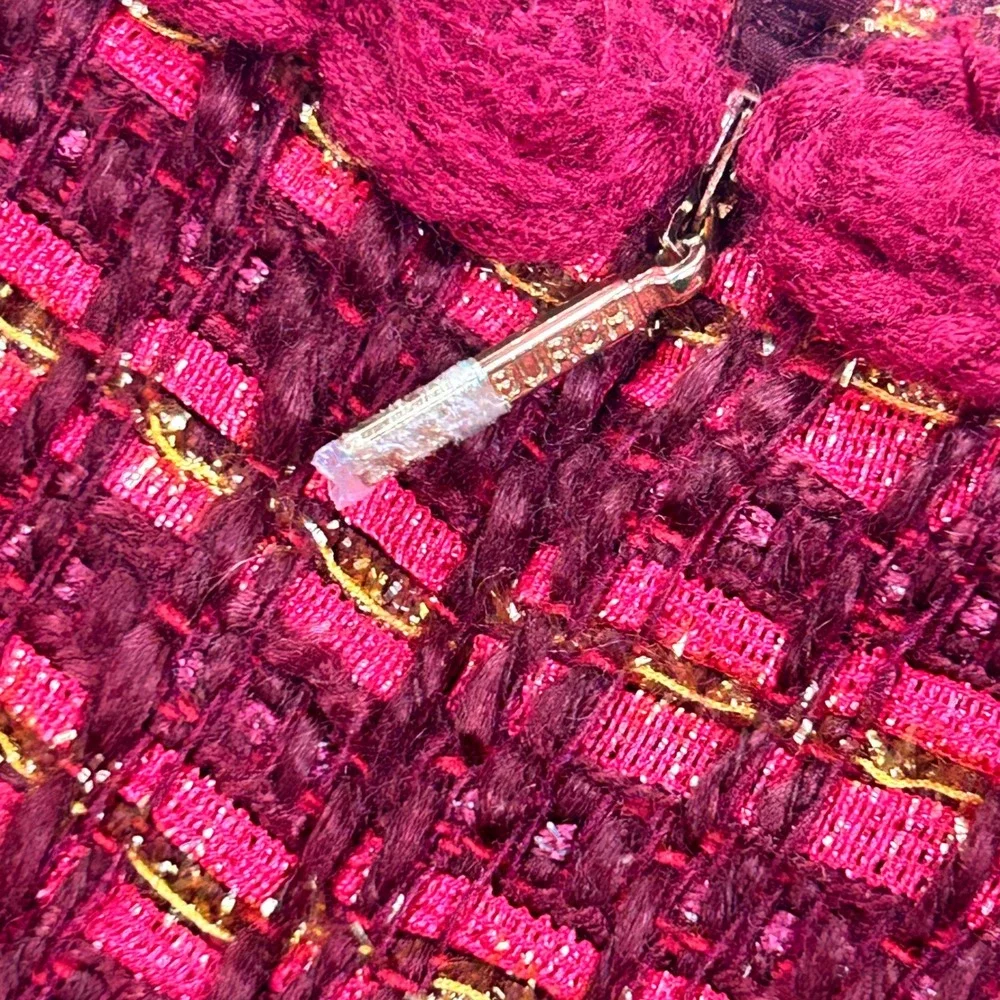 New Tory Burch Metallic Tweed Mini Skirt Burgundy Red Gold 4 Old Money Preppy